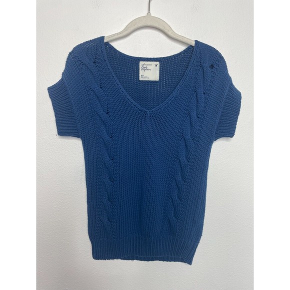 American Eagle Outfitters Small Cable Knit Sweater Top Blue Short Sleeve V-Neck - Picture 1 of 13